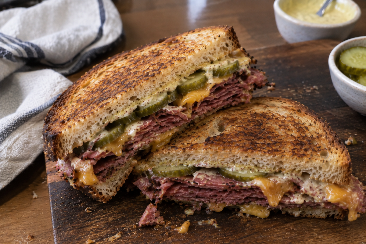 Pastrami melt met cheddar en augurk