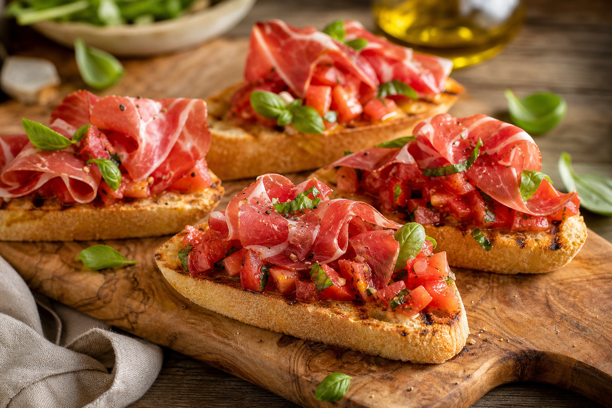 Bruschetta met Coppa di Parma, tomaat en basilicum - Food to Enjoy