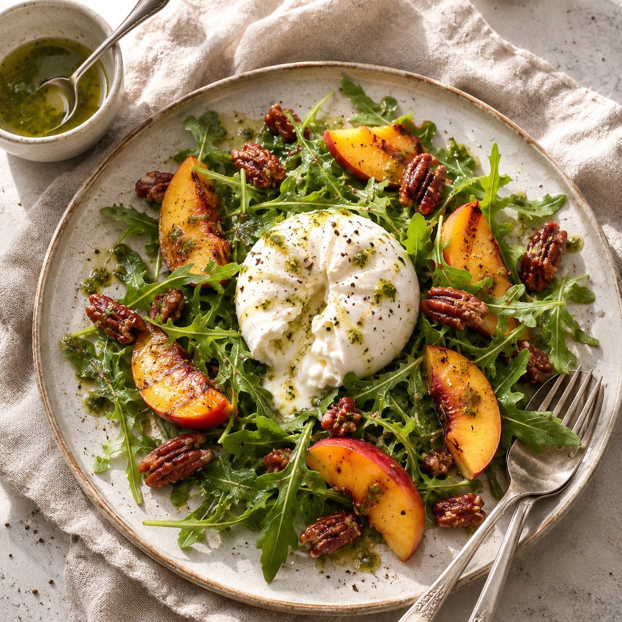 Burrata met gegrilde perzik en basilicumolie - Food to Enjoy
