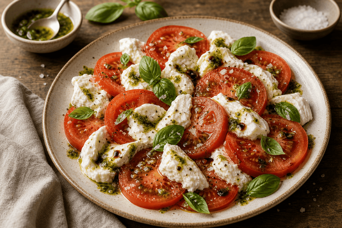 Caprese met buffelmozzarella, tomaat en basilicumolie - Food to Enjoy