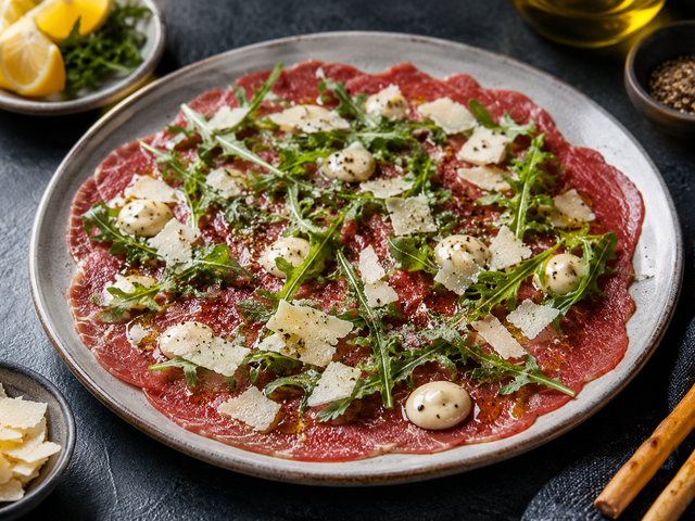 Carpaccio met truffelmayonaise, Grana Padano en rucola - Food to Enjoy