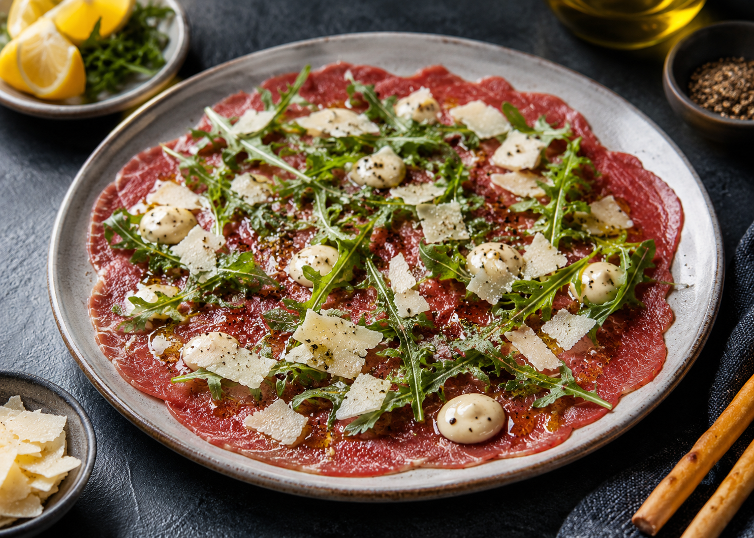 Carpaccio met truffelmayonaise, Grana Padano en rucola