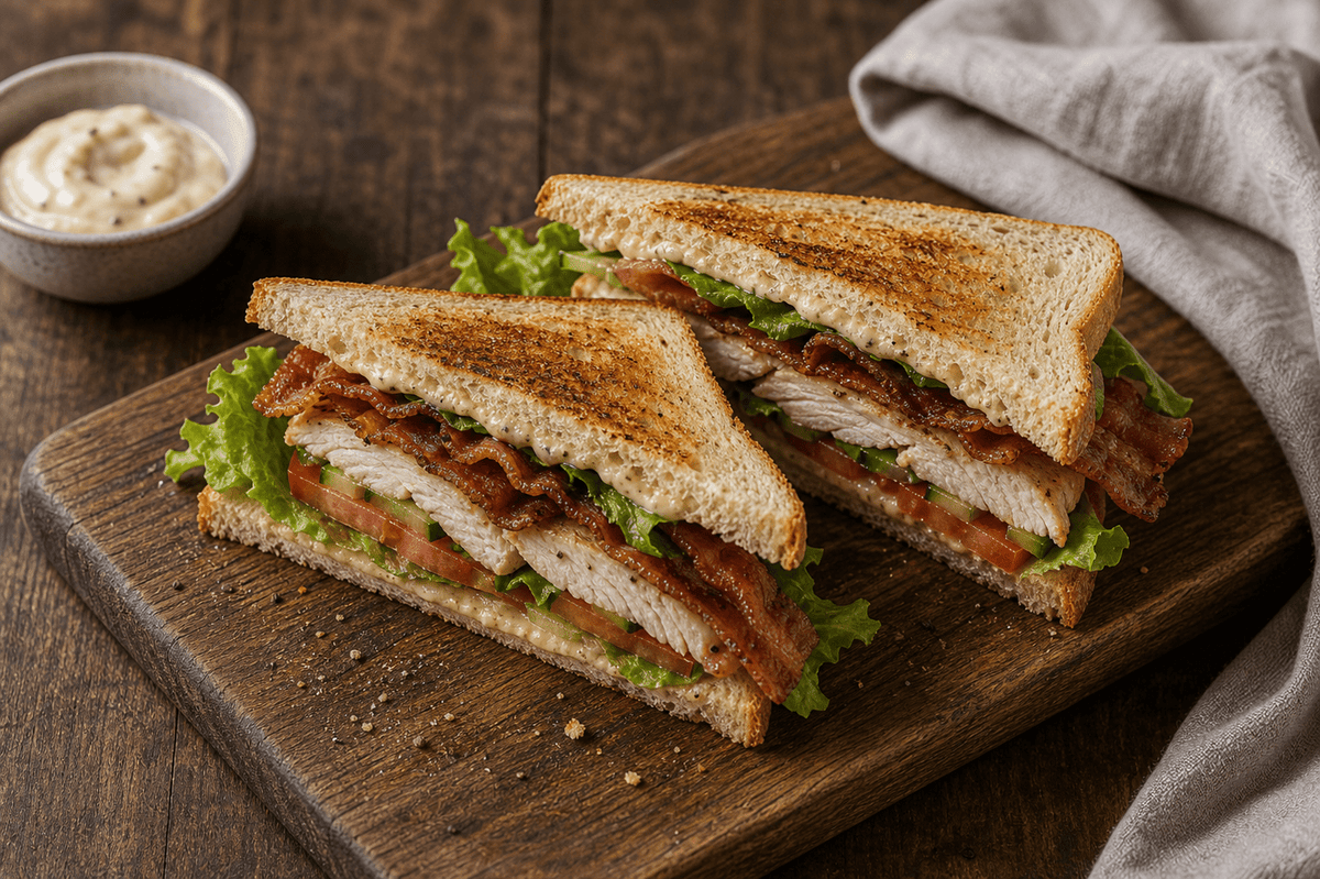 Clubsandwich met kipfilet, bacon en truffelmayonaise - Food to Enjoy