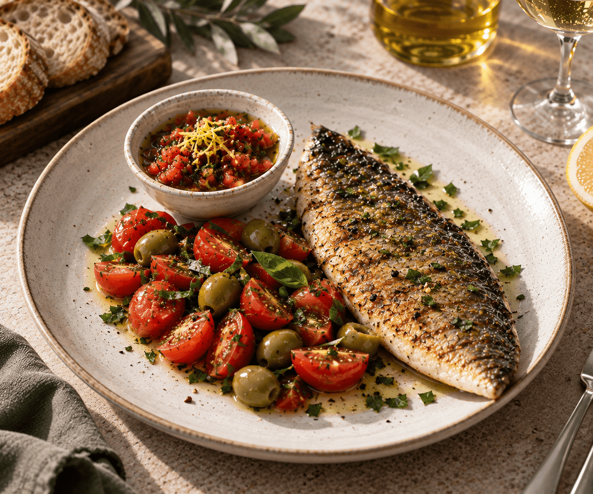 Doradefilet met tomaat, olijf en basilicumolie - Food to Enjoy