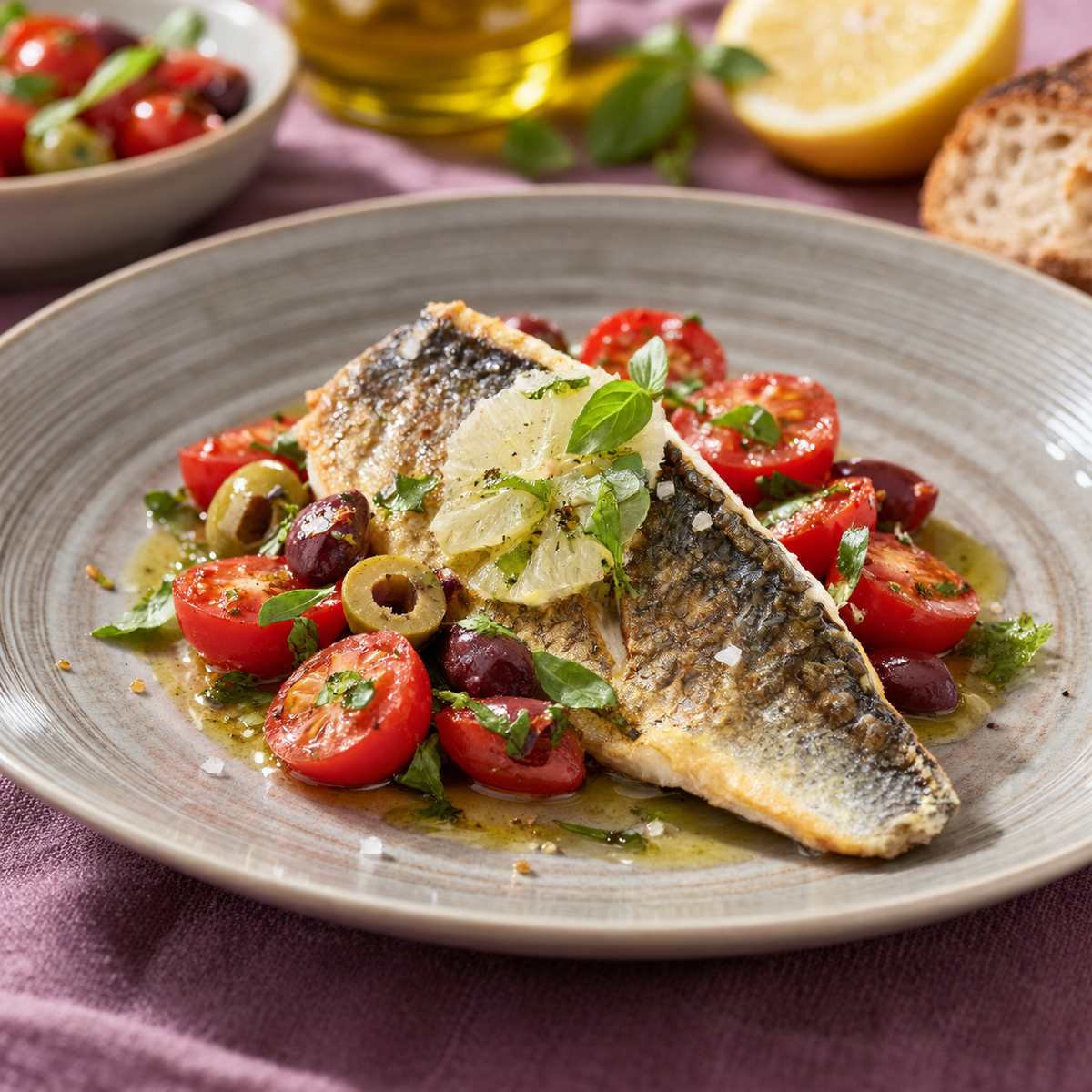 Doradefilet met tomaat, olijf en basilicumolie - Food to Enjoy