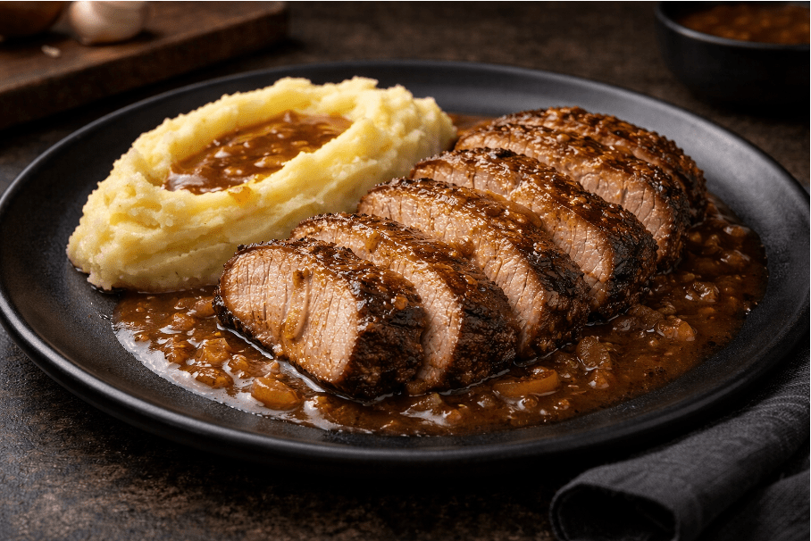 Langzaam gegaarde varkensprocureur met aardappelpuree - Food to Enjoy