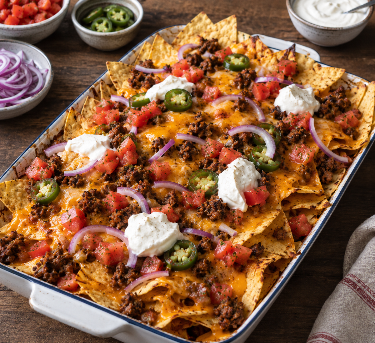 Loaded nachos met cheddar en rundergehakt - Food to Enjoy
