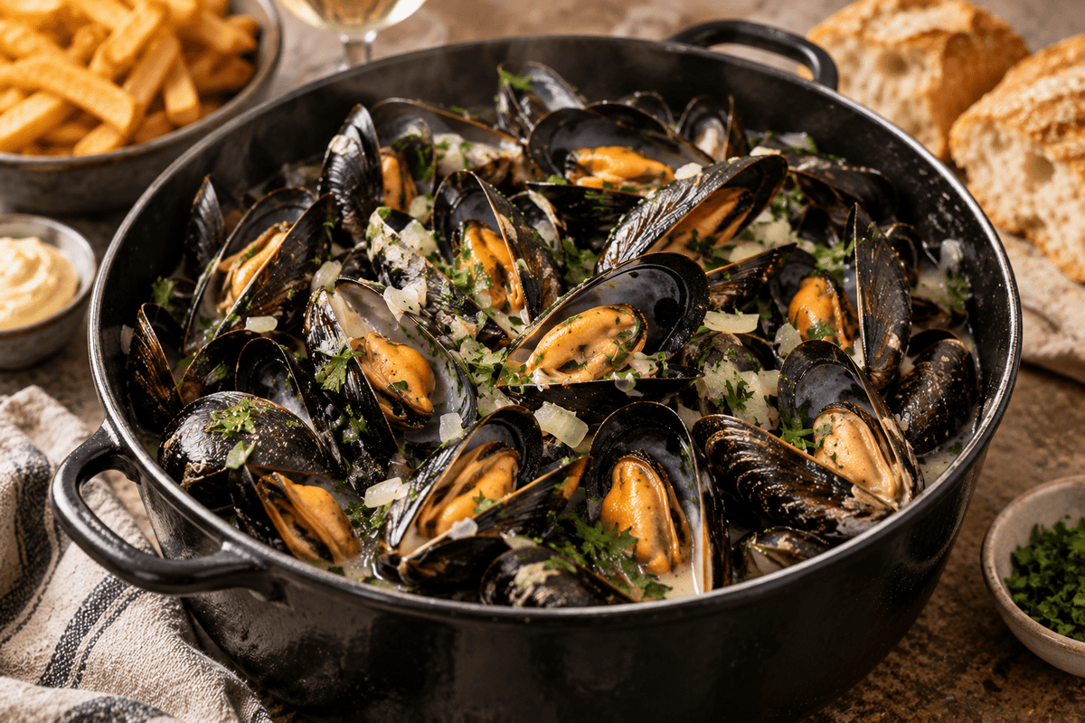 Mosselen in witte wijn met knoflook en peterselie - Food to Enjoy