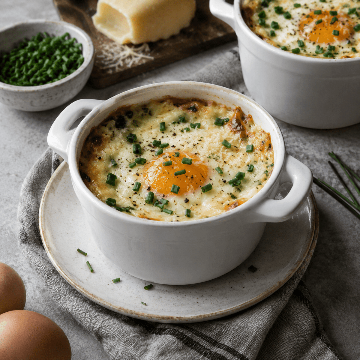 Oeufs en cocotte met room, kaas en bieslook - Food to Enjoy