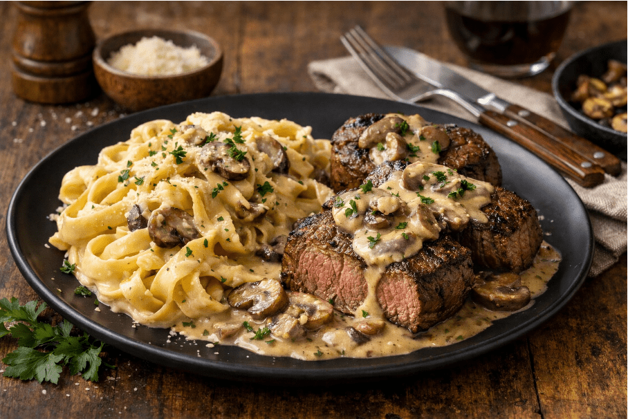 Ossenhaas met romige pasta en paddenstoelensaus - Food to Enjoy