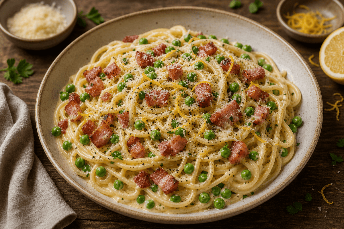 Romige pasta met spekblokjes, doperwten en citroen - Food to Enjoy