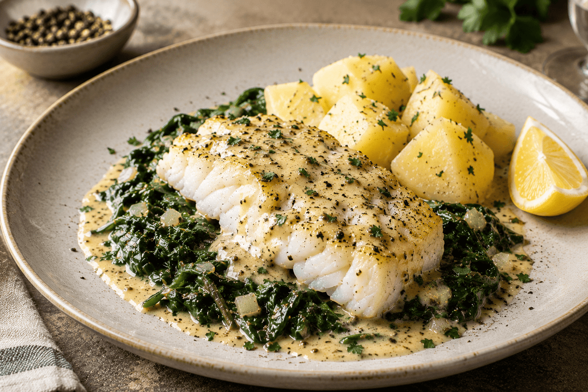Schelvisfilet met mosterdsaus en spinazie - Food to Enjoy