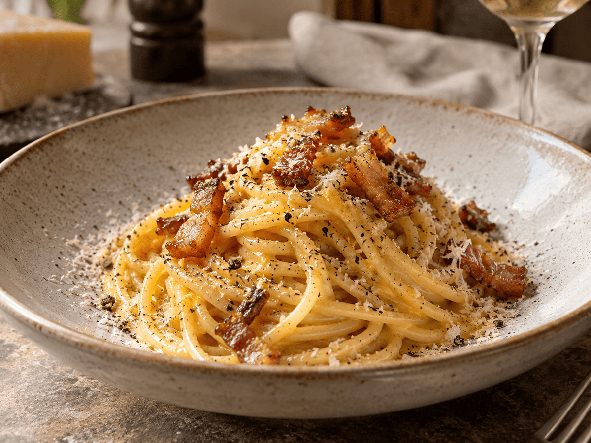 Spaghetti alla carbonara met guanciale - Food to Enjoy
