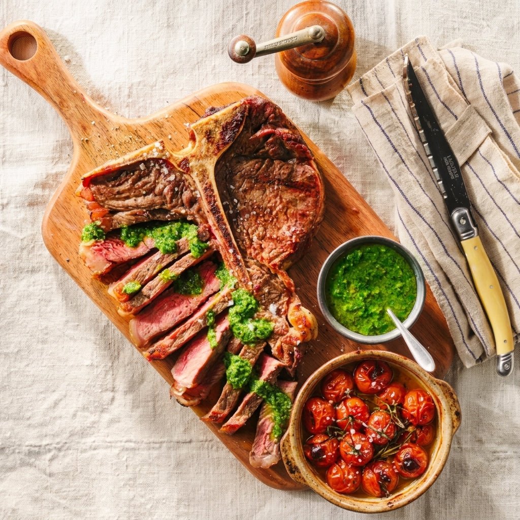 T-bone steak met salsa verde en gepofte tomaat - Food to Enjoy