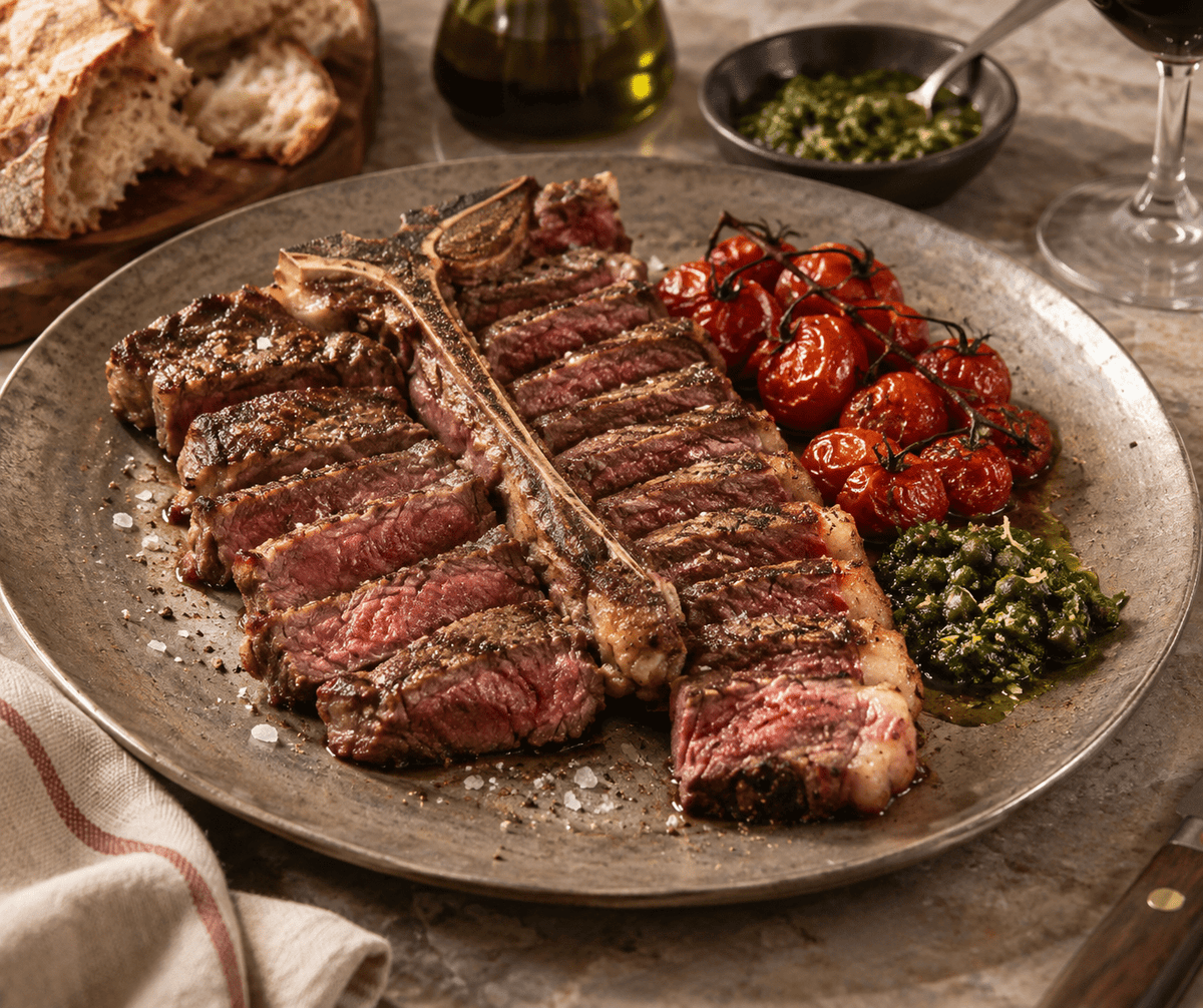 T-bone steak met salsa verde en gepofte tomaat - Food to Enjoy