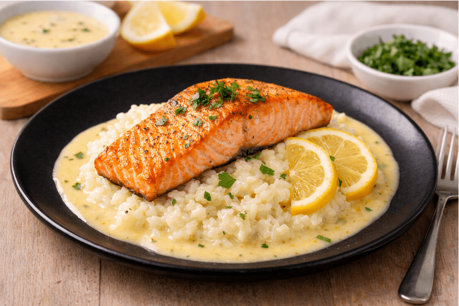 Zalmfilet met romige rijst en frisse citrus saus - Food to Enjoy